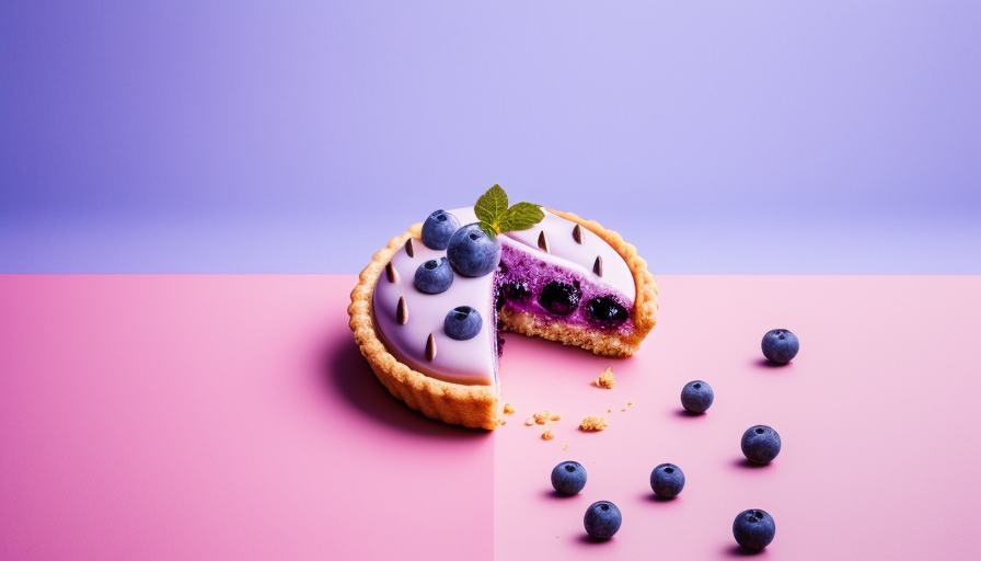 Delicious blueberry tart on pink background