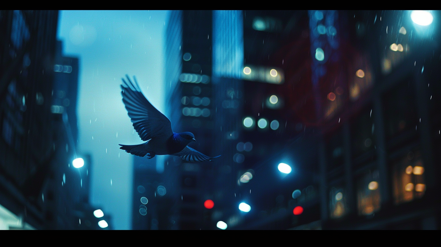 Bluebird flying through city night