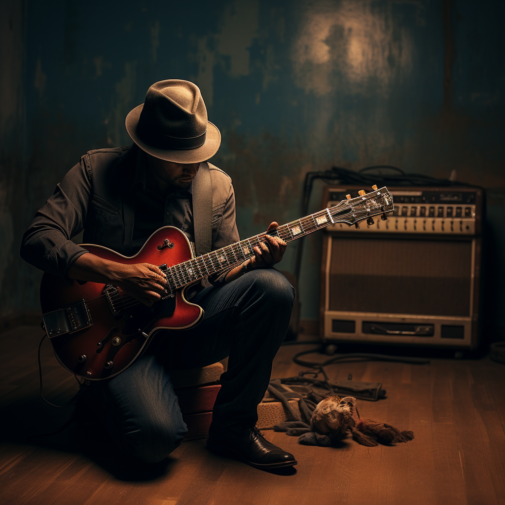 Blues guitar player lost in moment