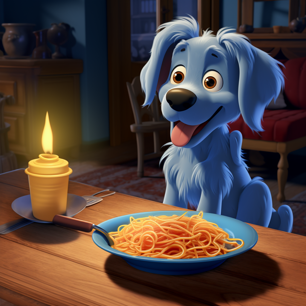 Bluey dog enjoying blue pasta