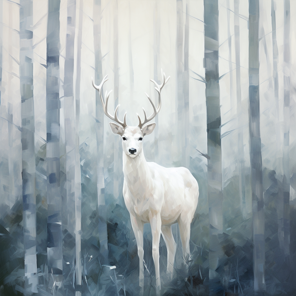 Beautiful white reindeer standing in a pineforest