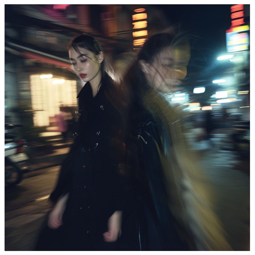 Blurred models in Prada outfit at night