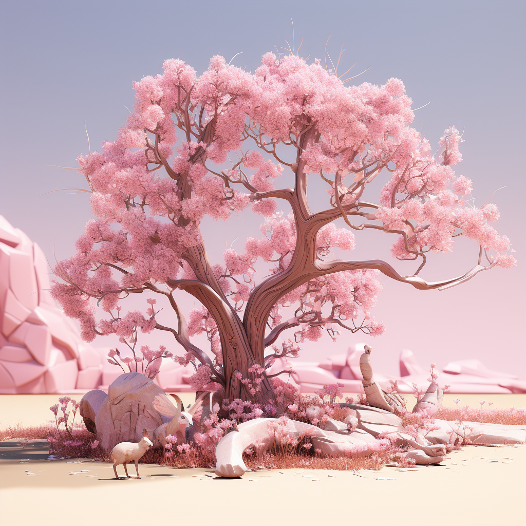 Blush Pink Cherry Blossom Tree with Bunny and Deer