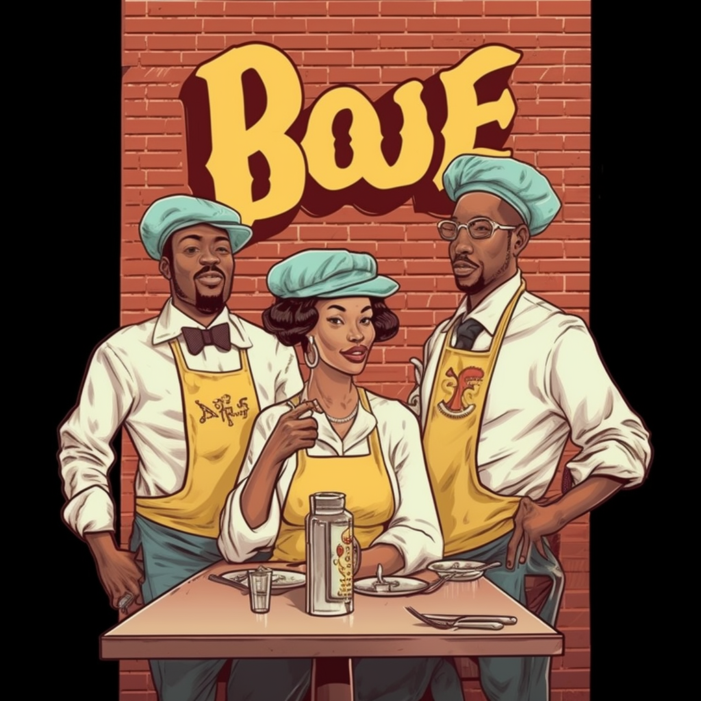 Cartoon logo for BMORE BE BU$$IN restaurant