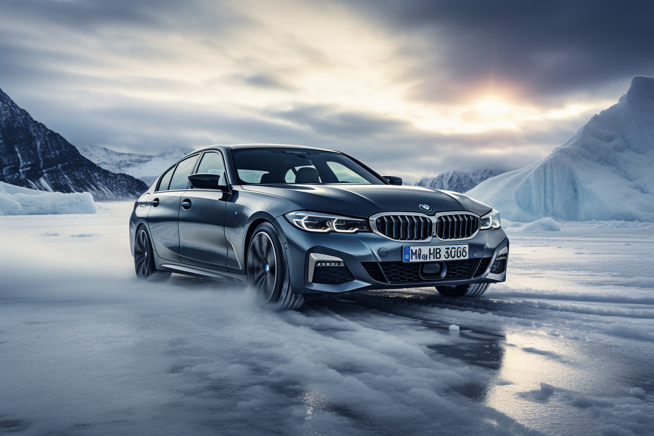 BMW M340i Touring drifting on a picturesque glacier