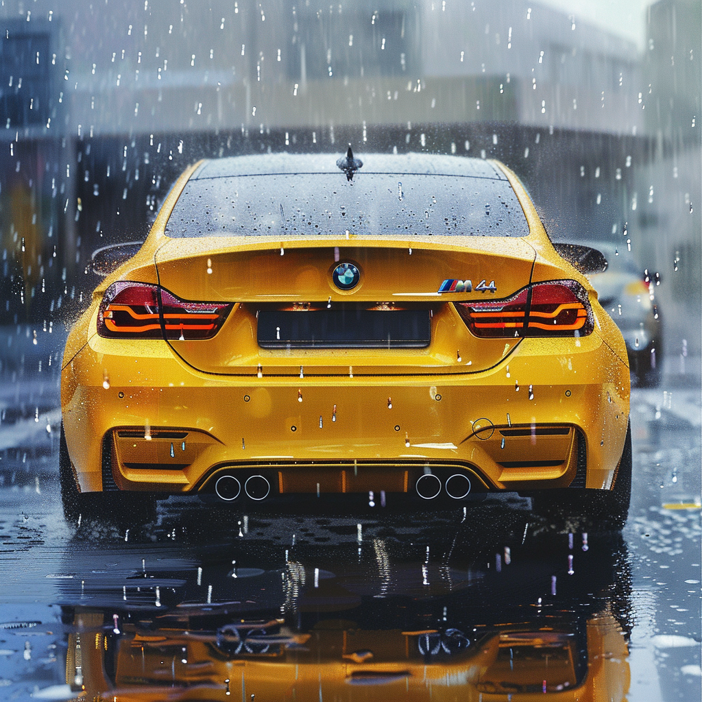 BMW M4 yellow rain back