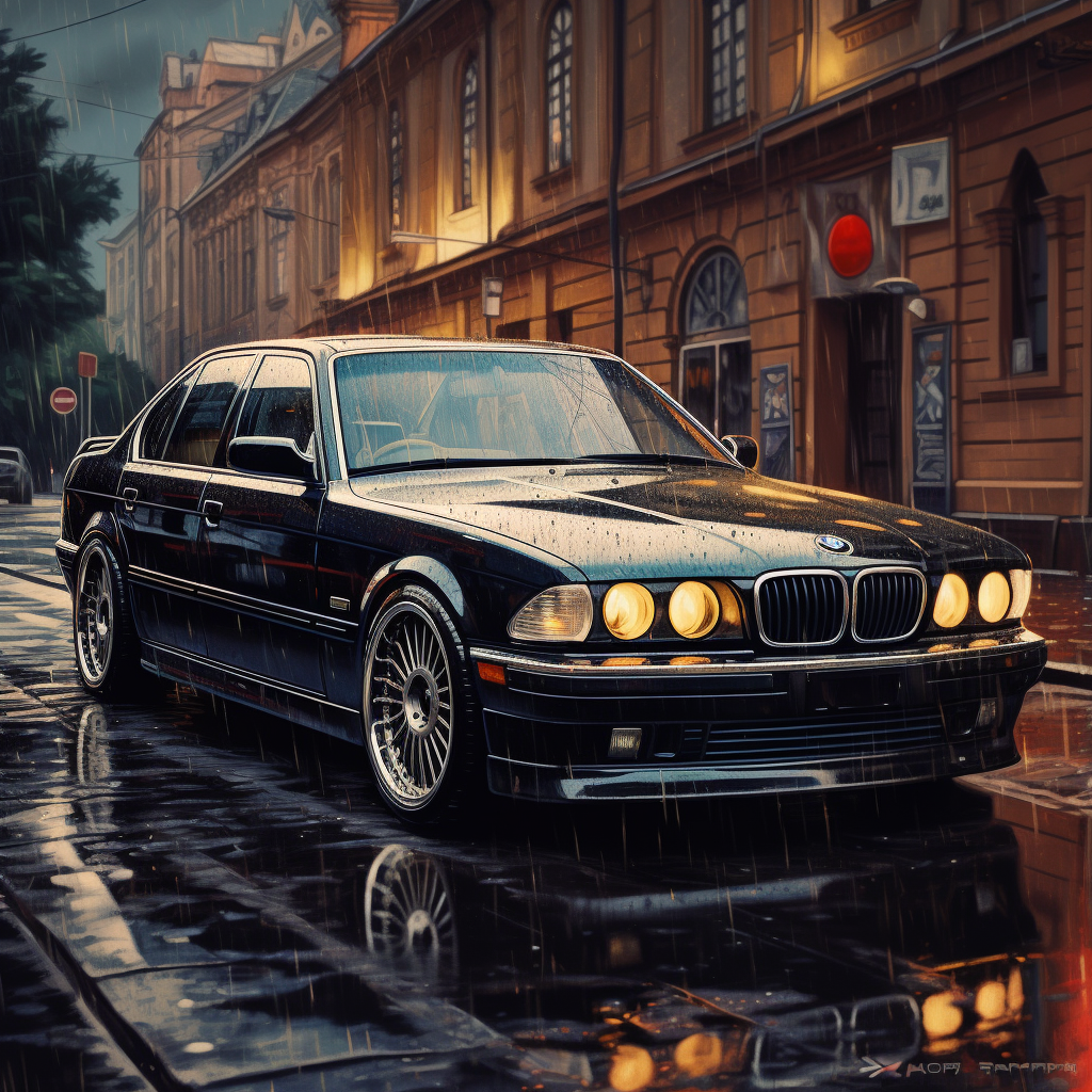 Vintage BMW M5 E38 with Rainy City Background