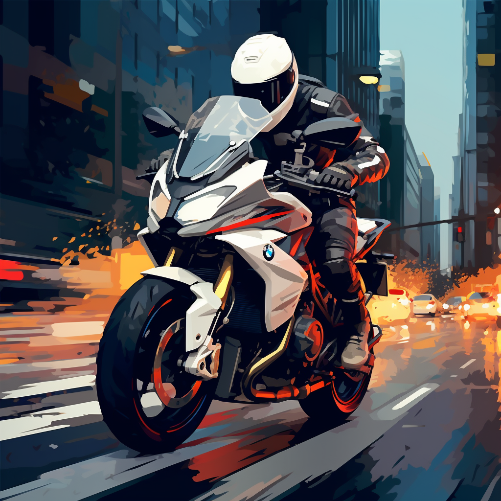 BMW motorcycle driving in city with fitness-suited drivers