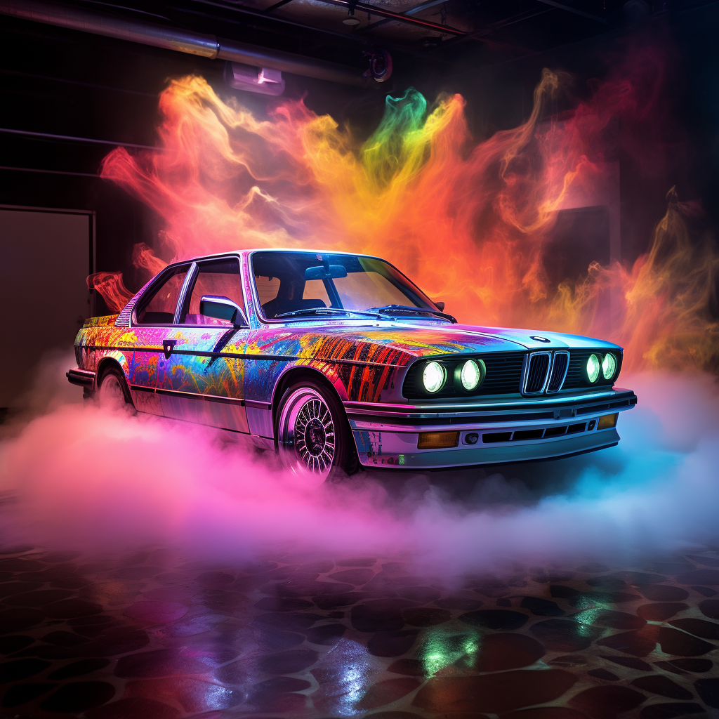 BMW surrounded by LED neon lights and smoke