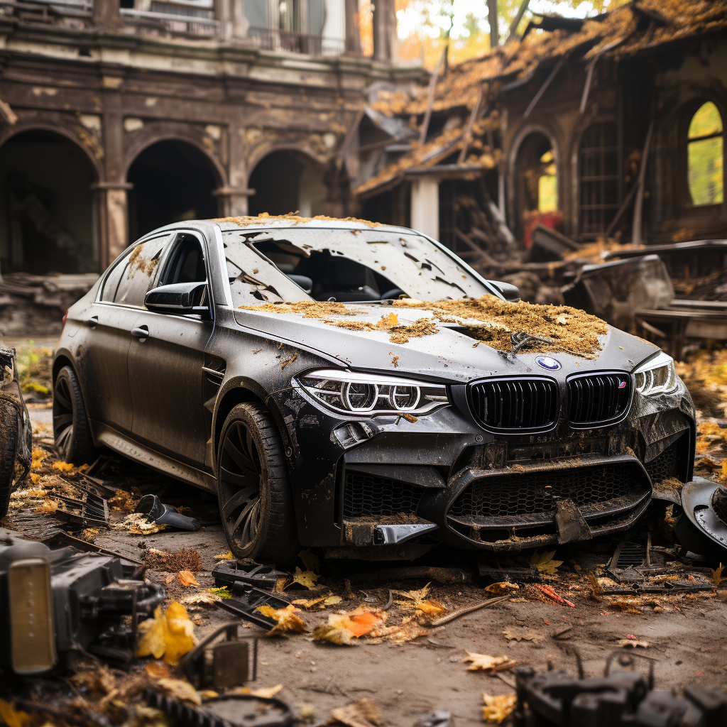 Damaged BMW M5 2021 outside stunning house