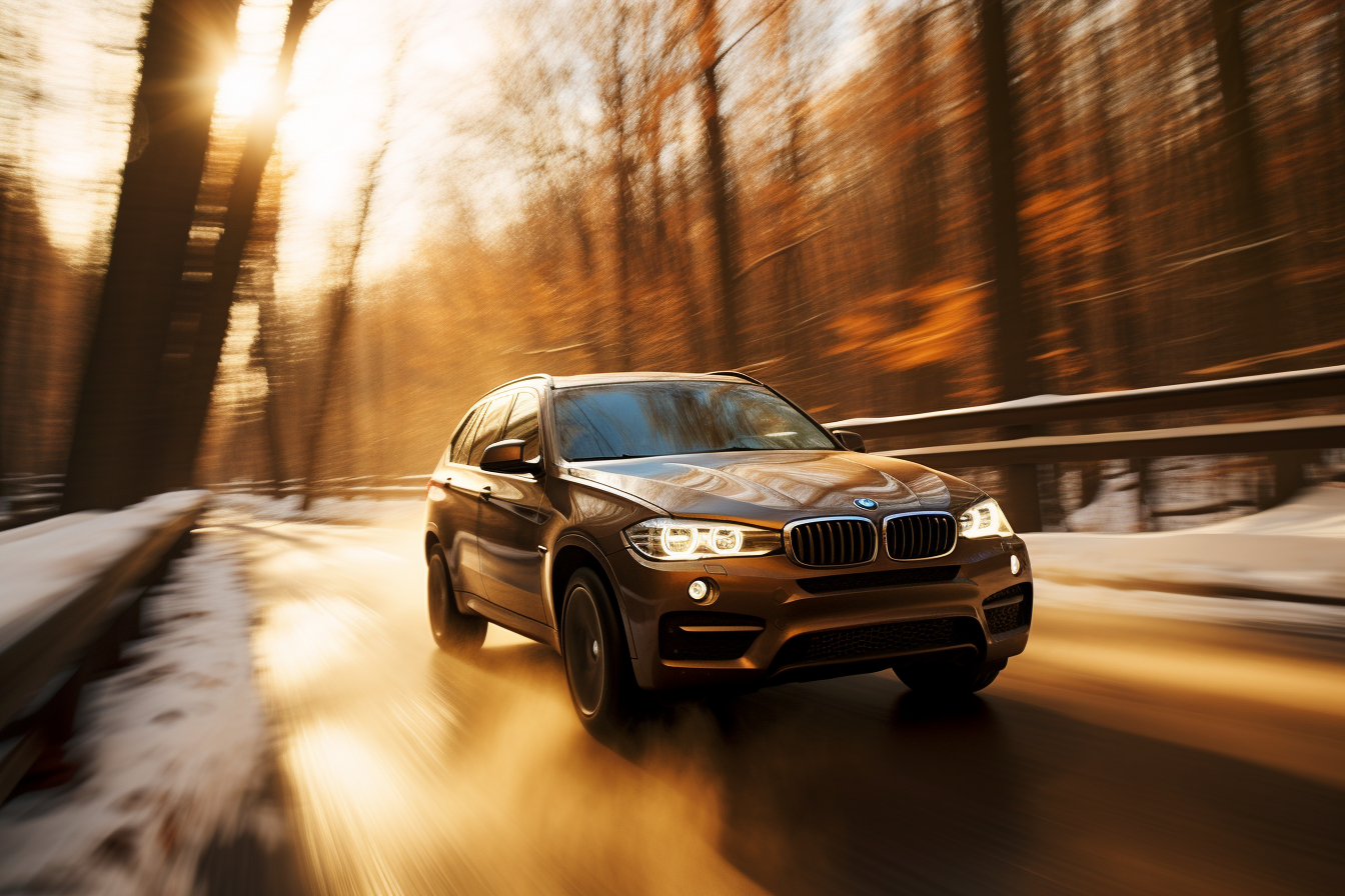 BMW X5 driving in early winter scene