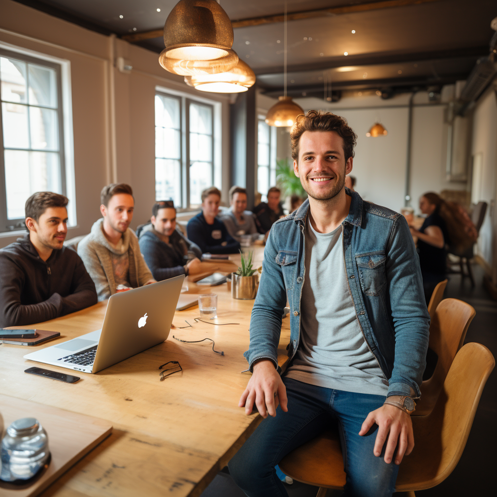 Relaxed young man leading productive boardroom meeting  ?‍?