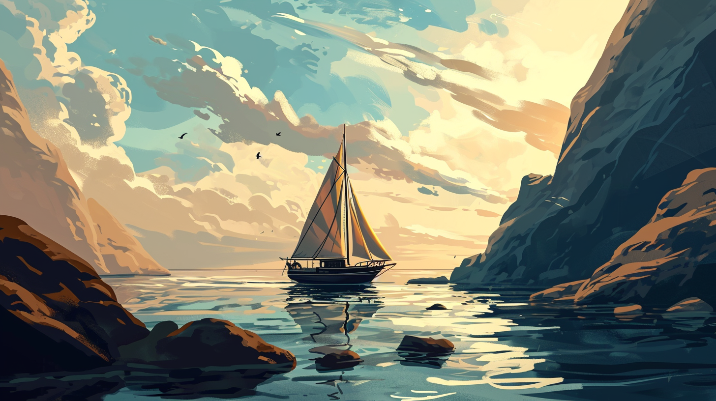 Illustration of a boat setting sail during daylight