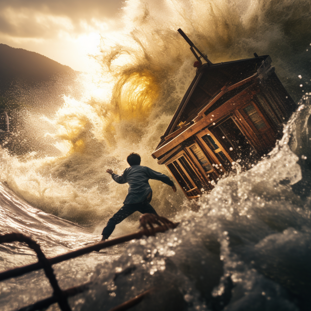 Man throwing stone into water causing tsunami