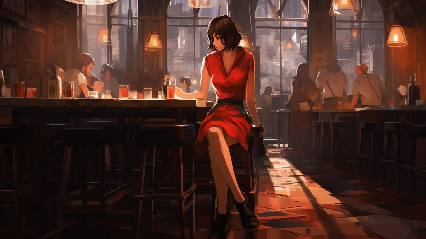 Girl with Bob Hairstyle in Red Dress at Bar