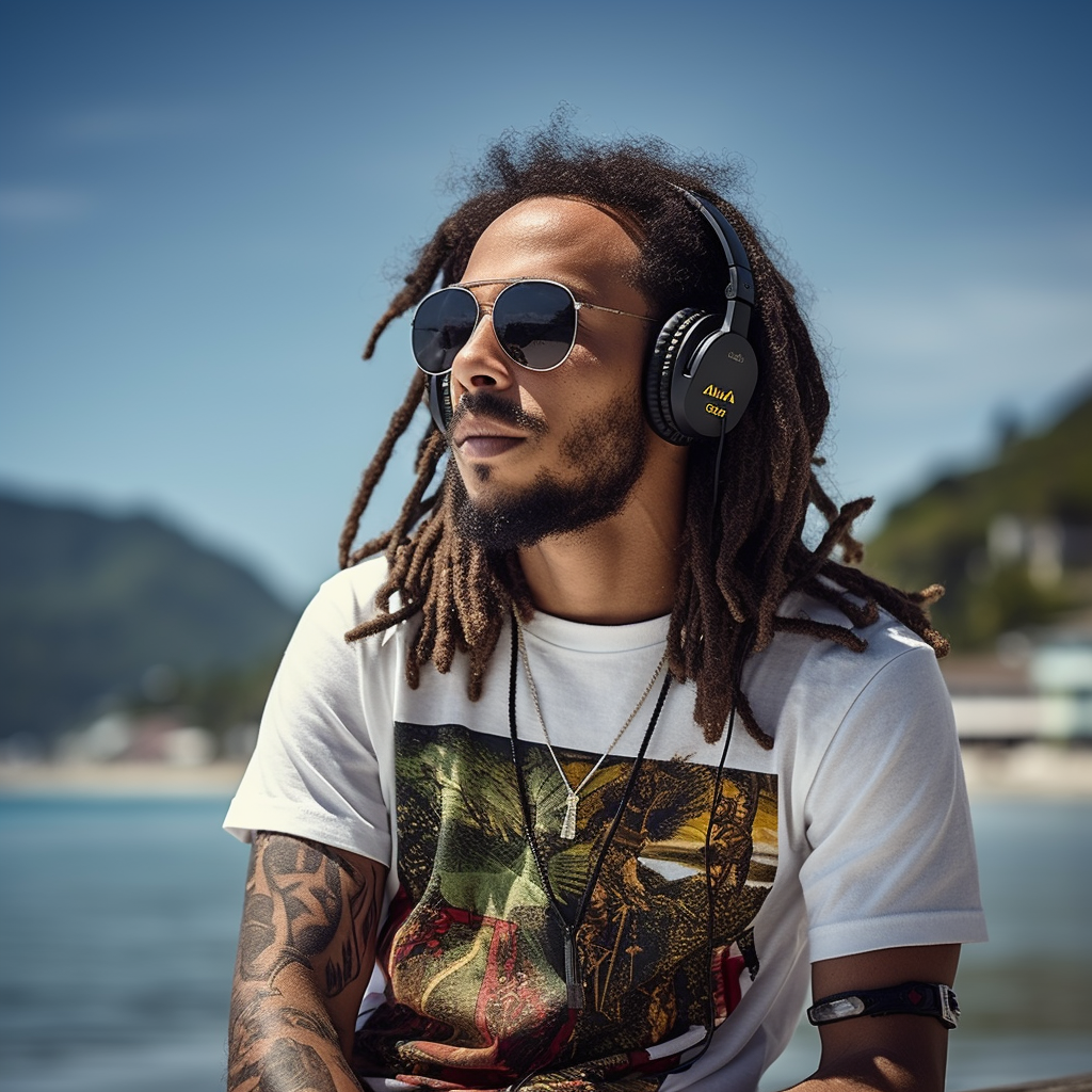 Young man enjoying reggae music by the seaside