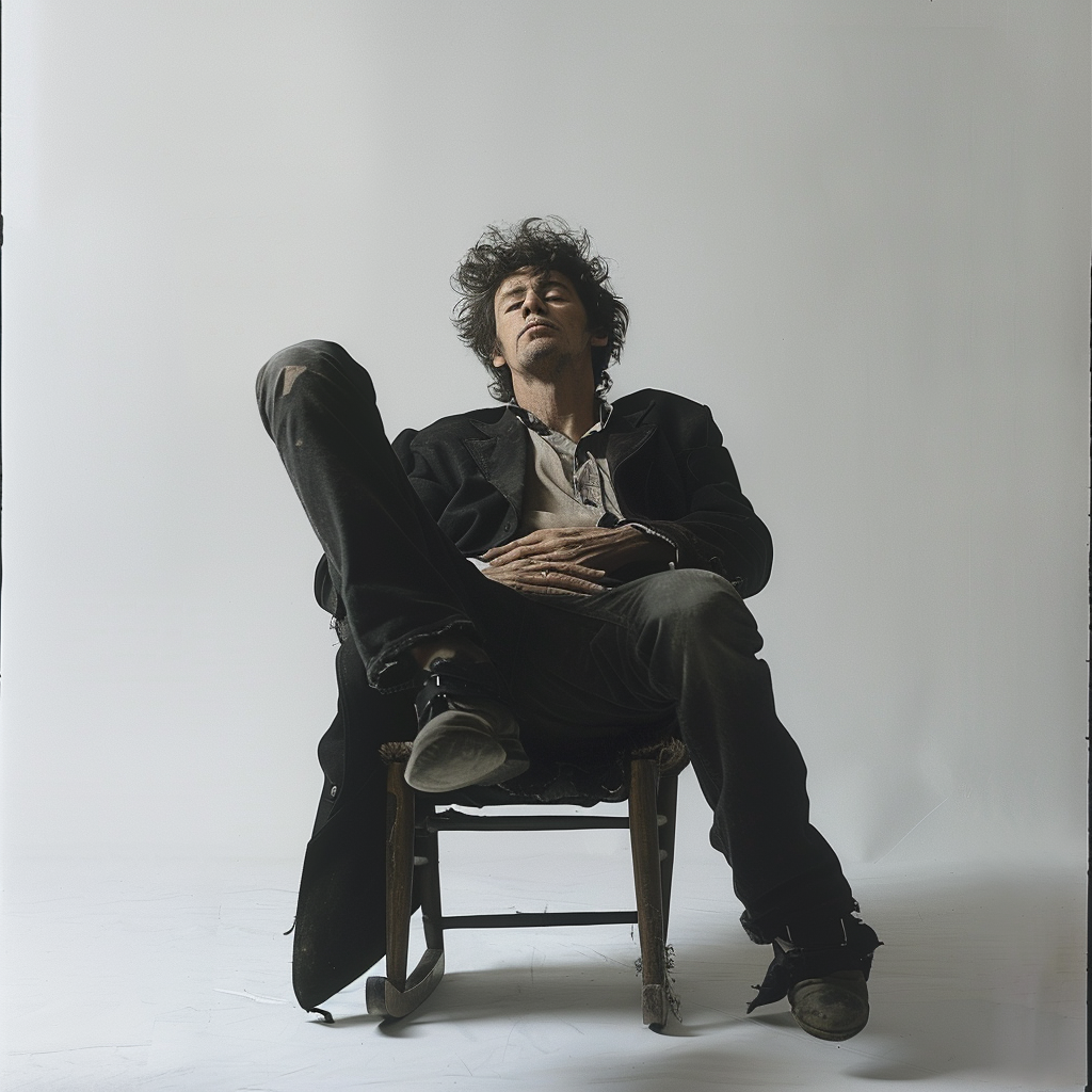 Bob Dylan sitting in chair pose