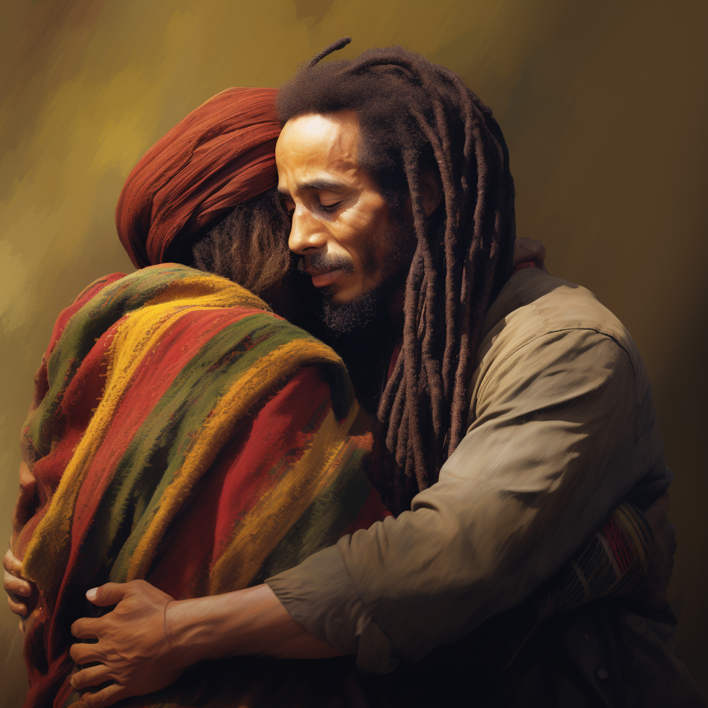 Bob Marley and Mohamad embracing