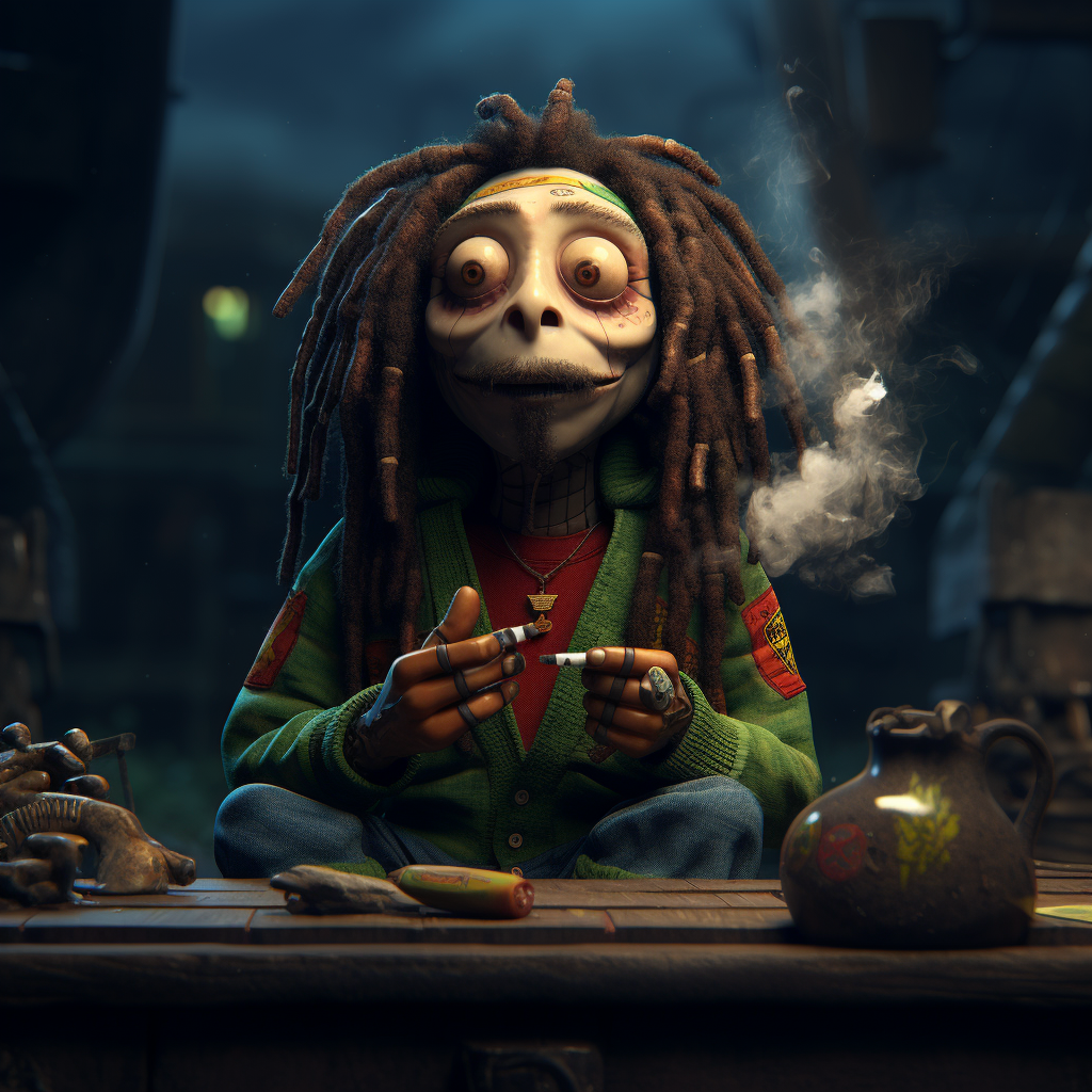 Bob Marley pixar character smoking joint