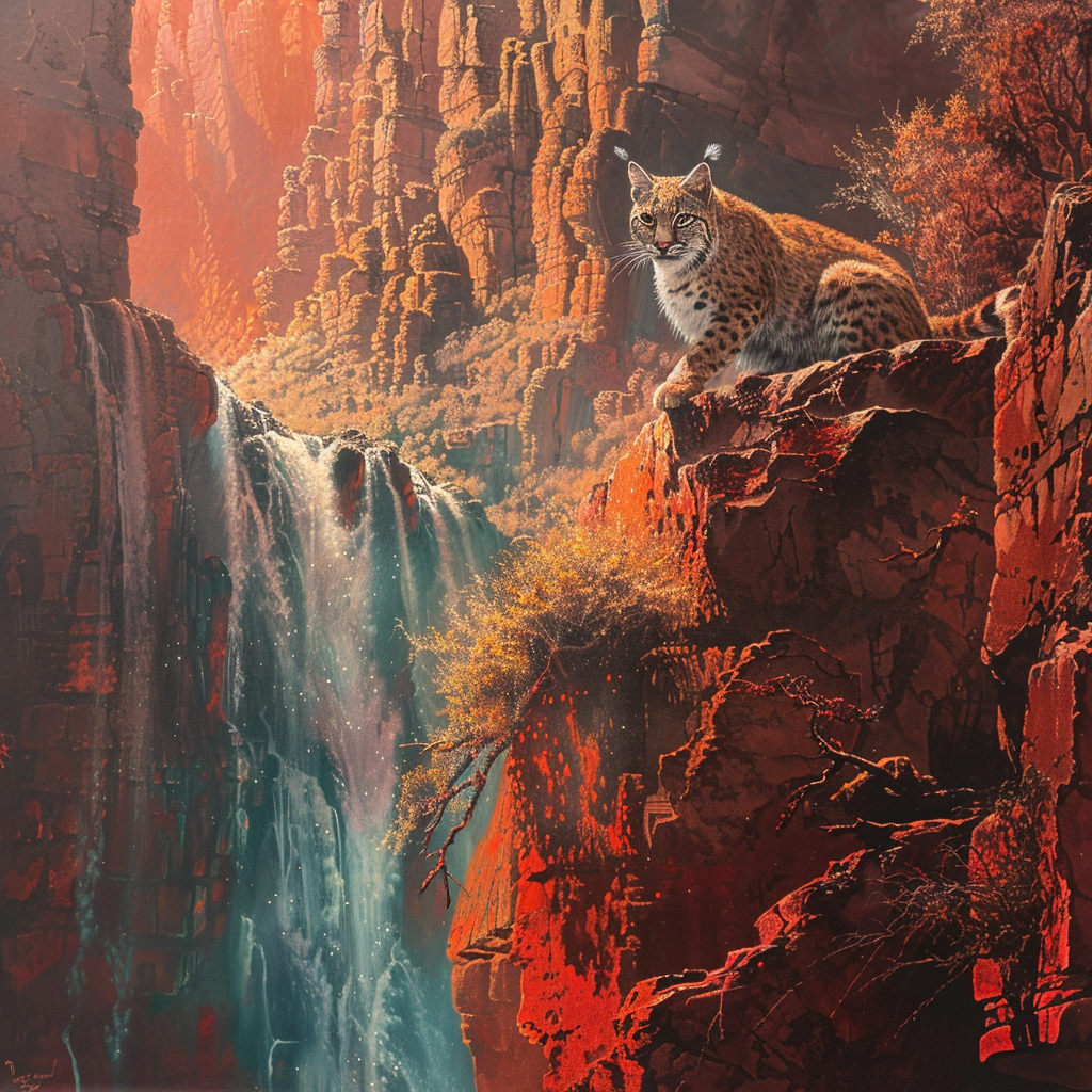 Bobcat on red cliff waterfall