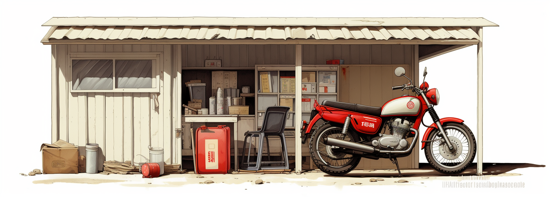 One-Line Art of Bodega, Caja, Moto on White Background