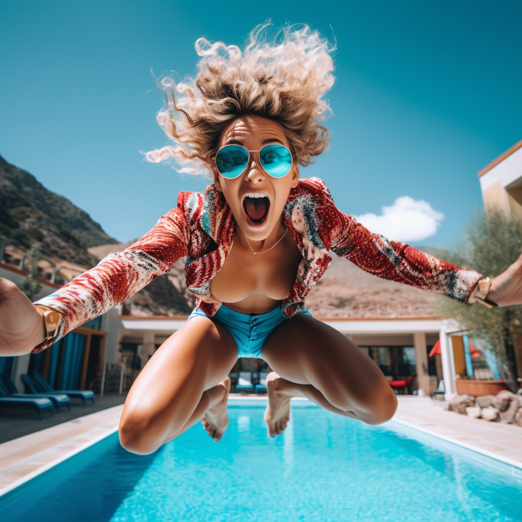 Fit woman achieving body goals, jumping into pool