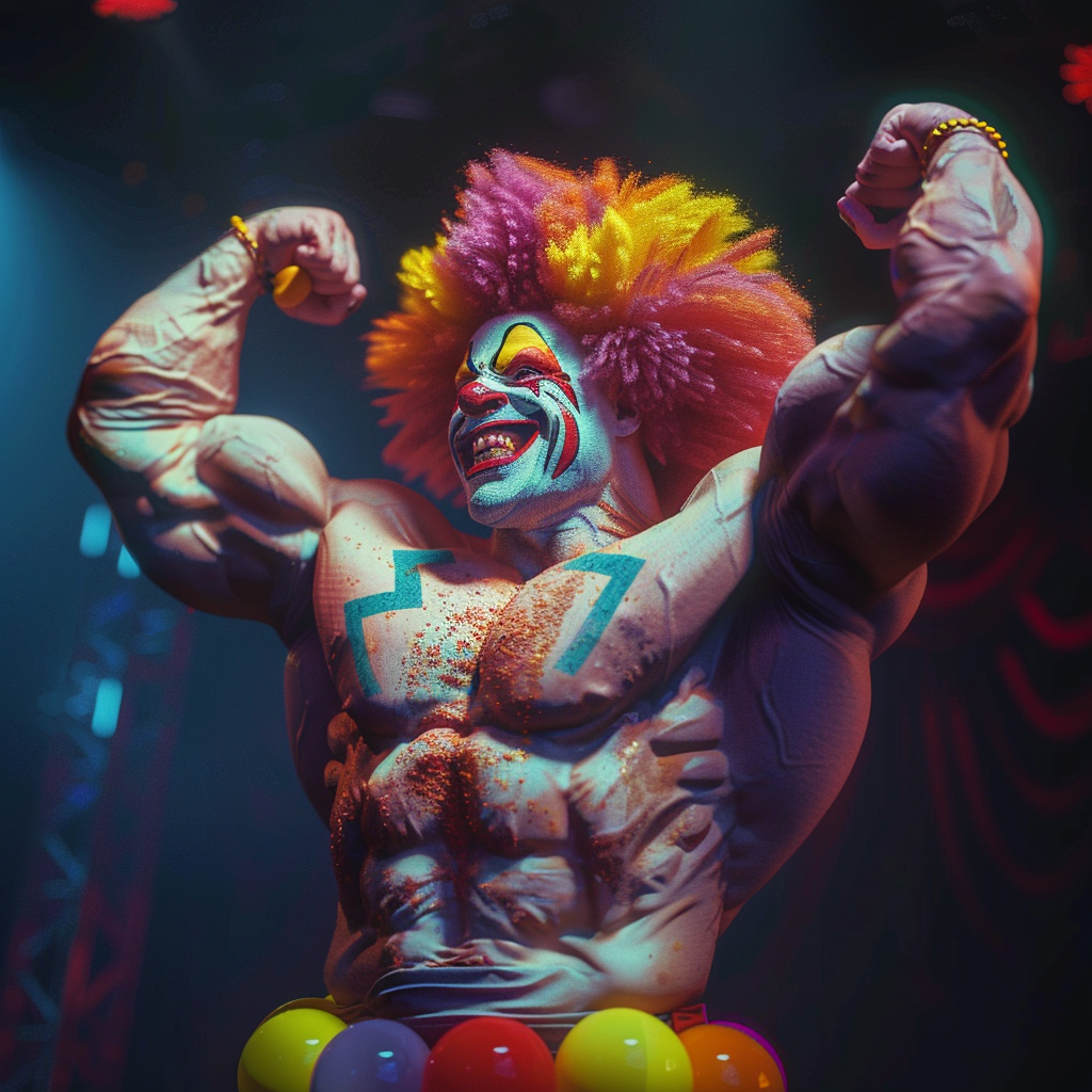 Bodybuilder clown flexing muscles