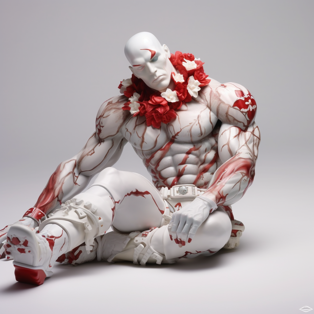 Muscular bodybuilder with Harlequin doll