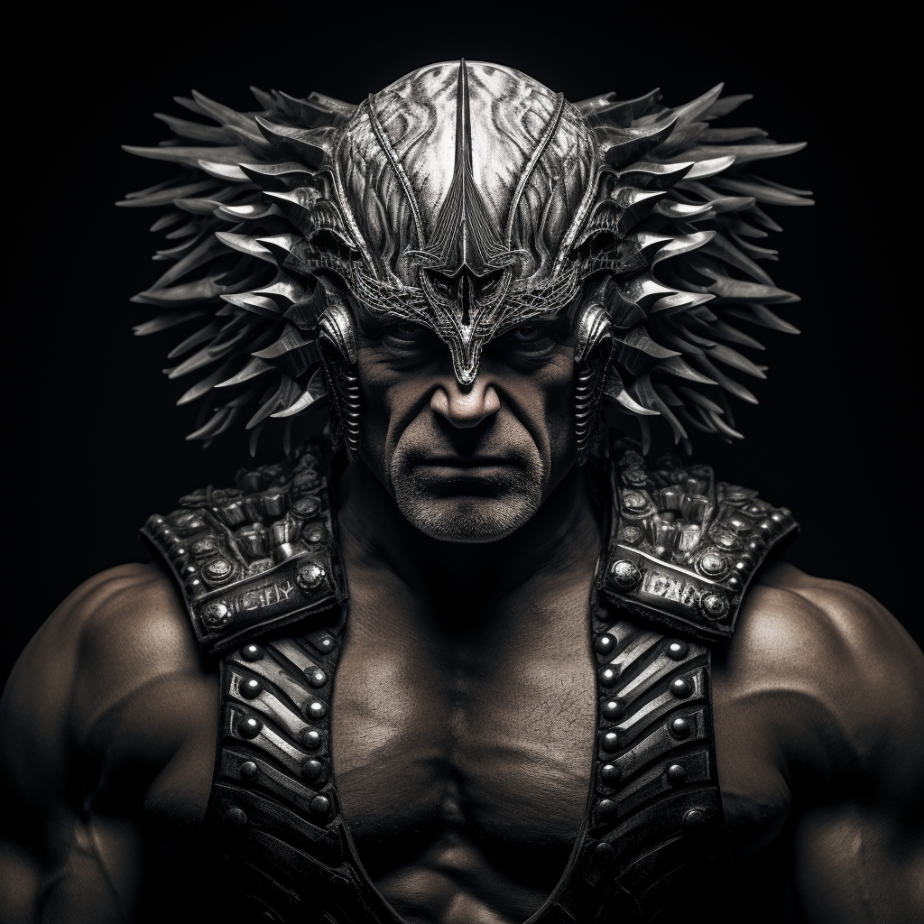 Powerful bodybuilder with metal pipe head dress