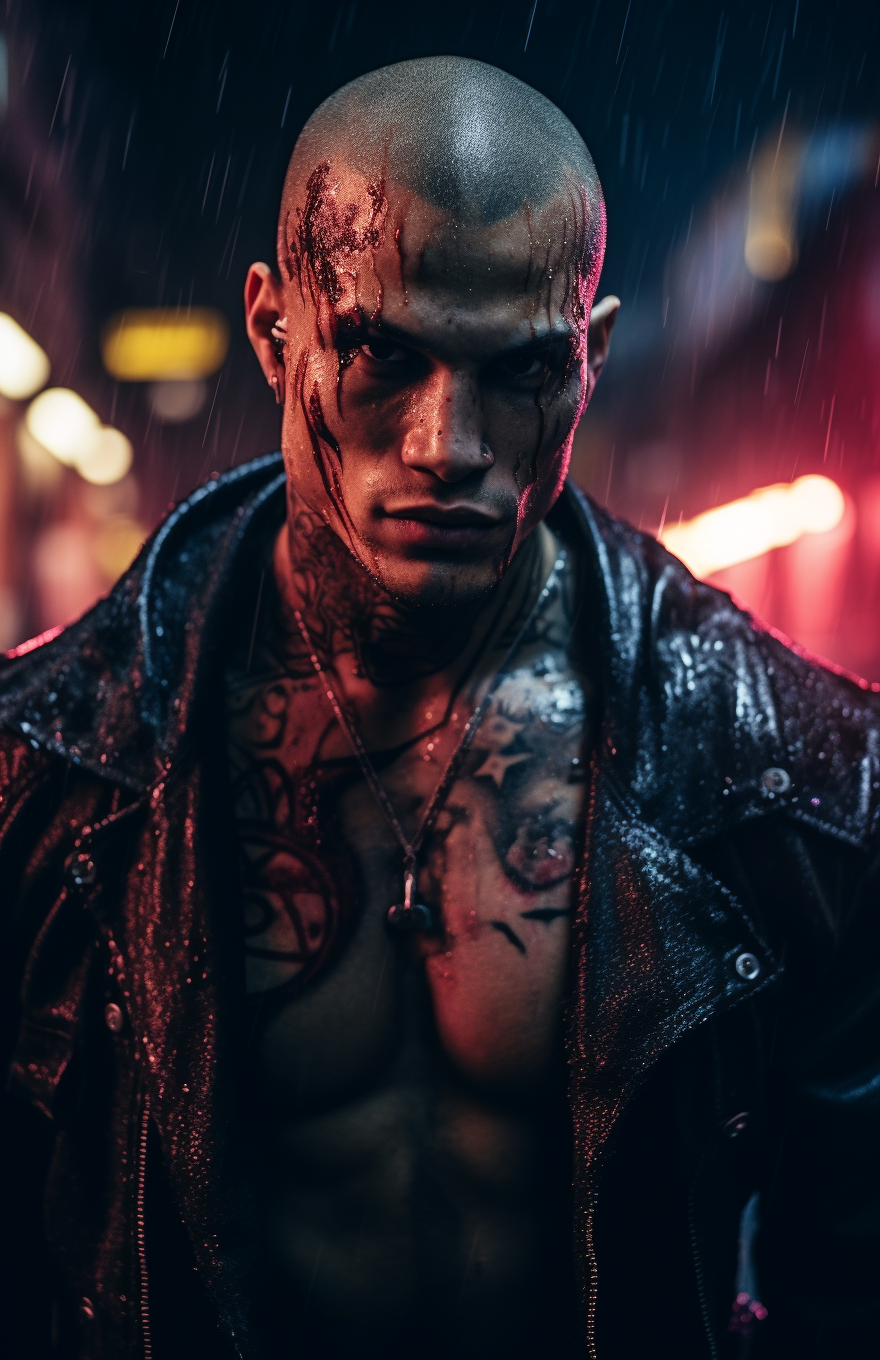 Bodybuilder vampire with tattoos walking towards camera, showing fangs.