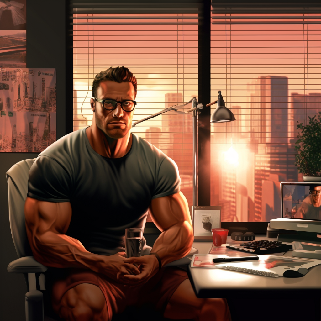 Bodybuilder sitting at desk in cozy room