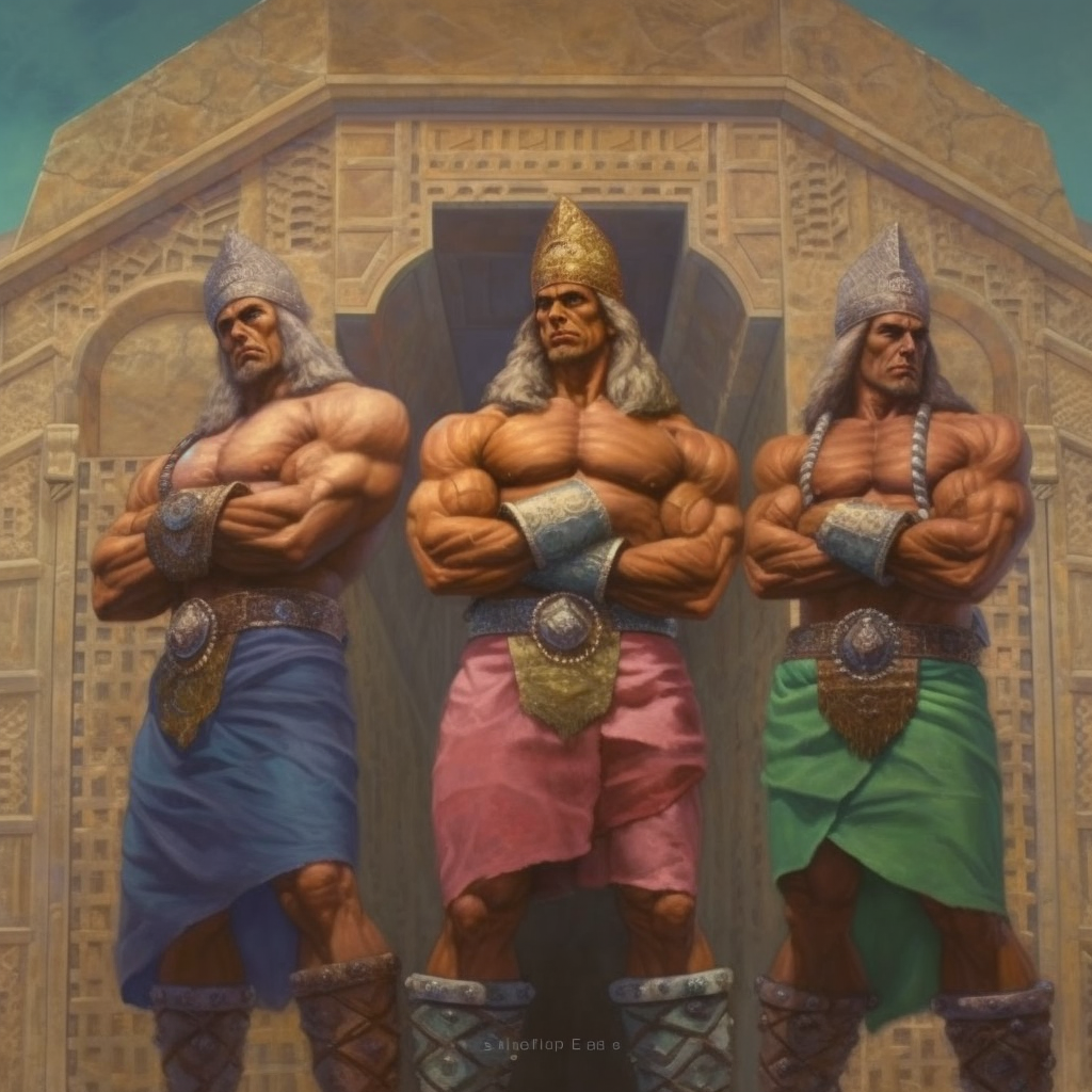 Bodybuilder with three wise men