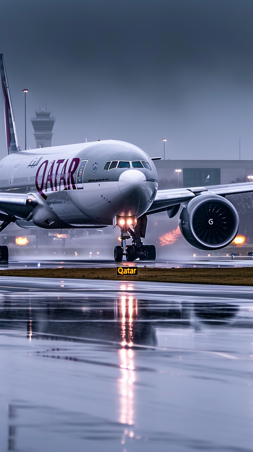 Boeing 777X landing on wet runway