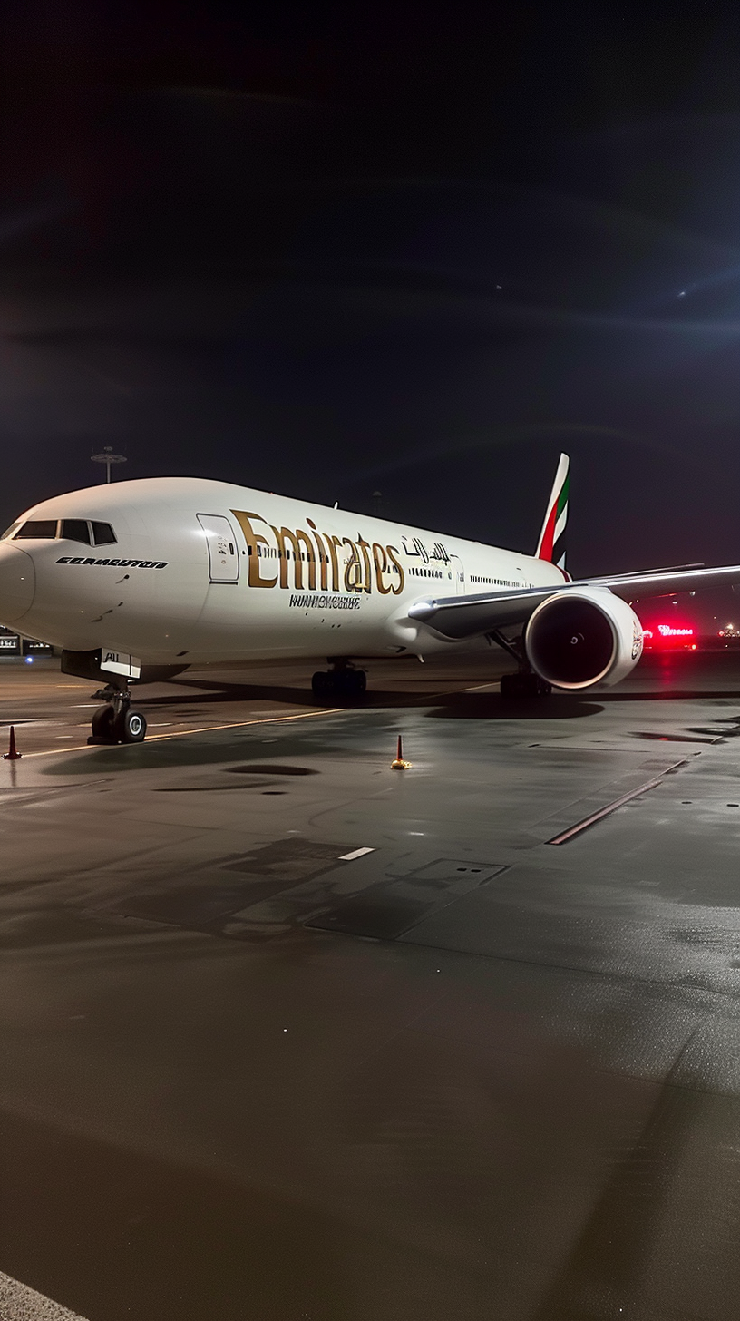 Emirates Boeing 777X with Gold Paint Job at Dubai Airport Terminal