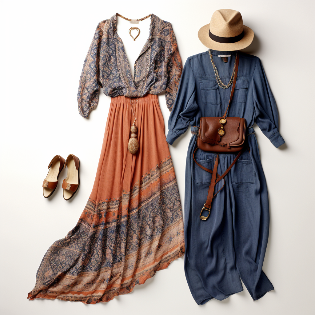 Bohemian-inspired flowy maxi dress with denim jacket