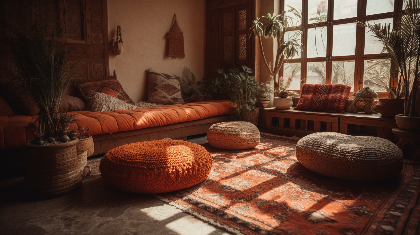 Bohemian living room with textured rug and plants