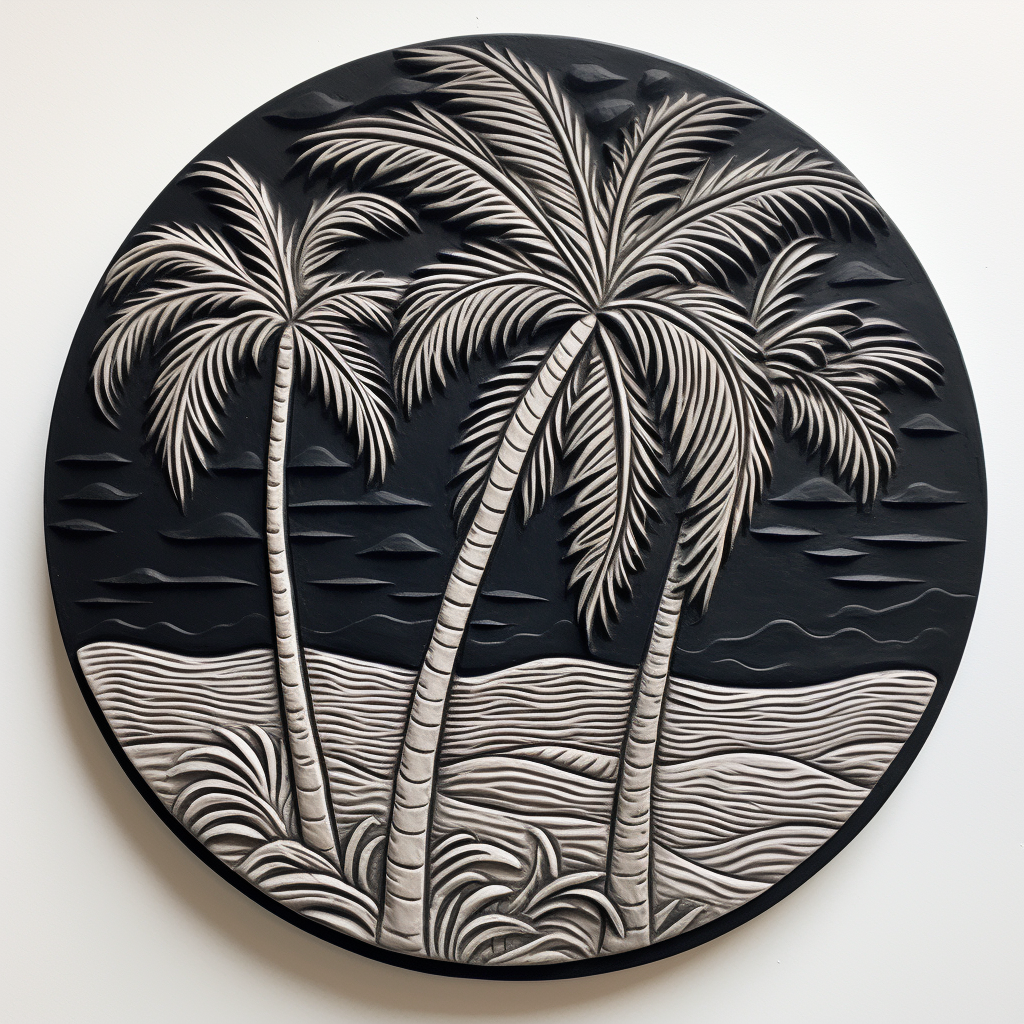 Boho palm stamp relief in black and white