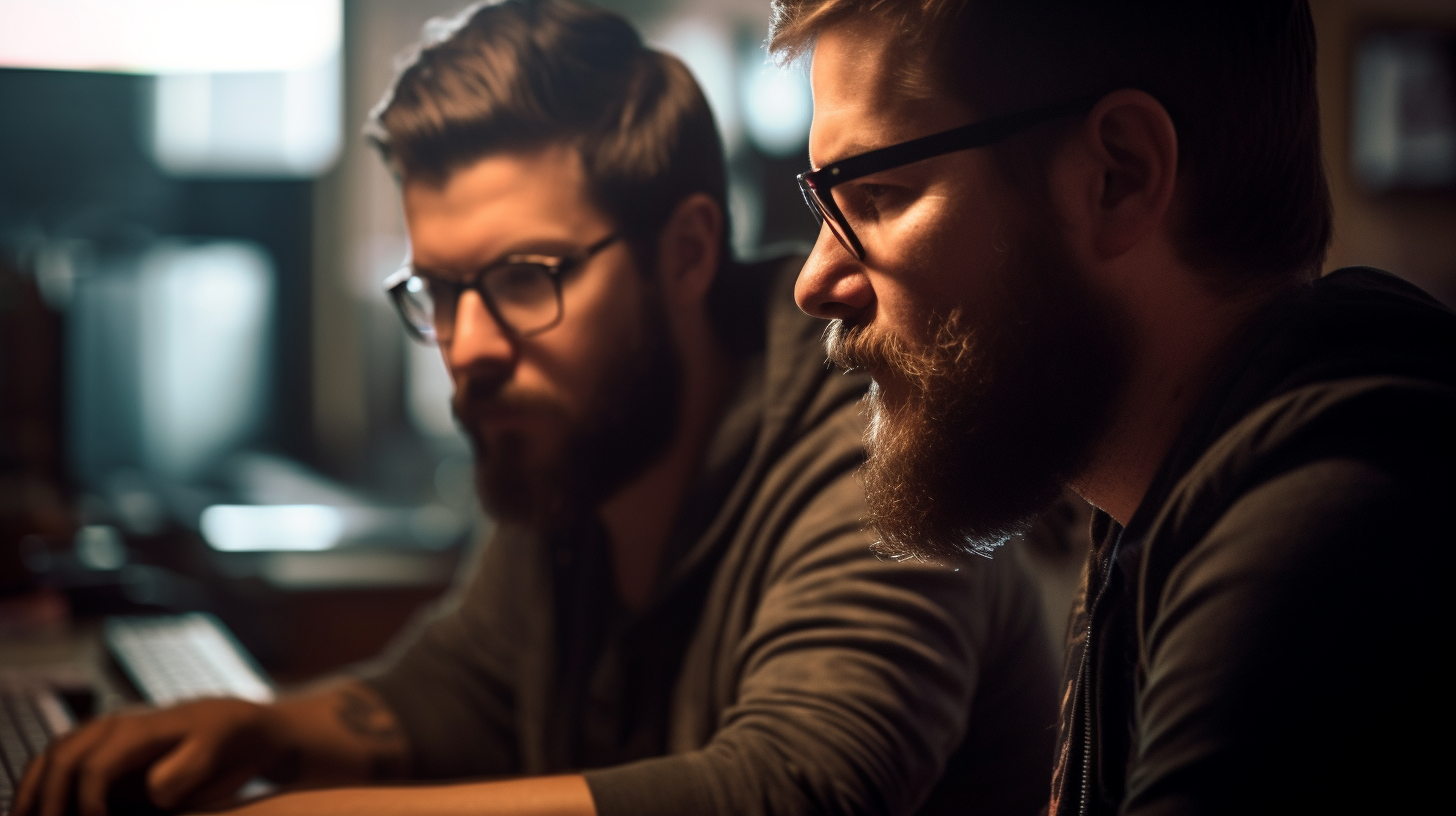 Two Guys Working at Computer with Bokeh Effect