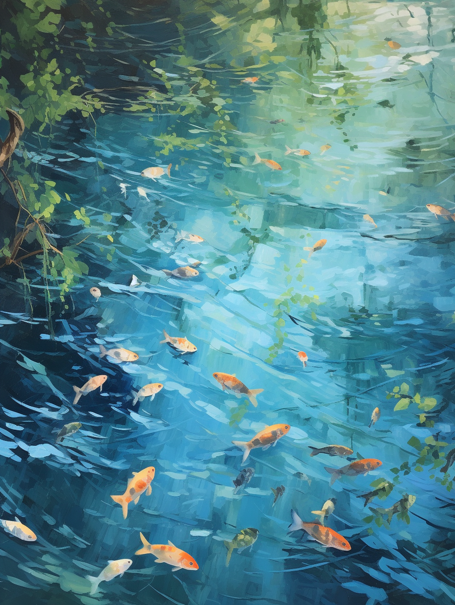 Vibrant bold acrylic river painting with floating fishes