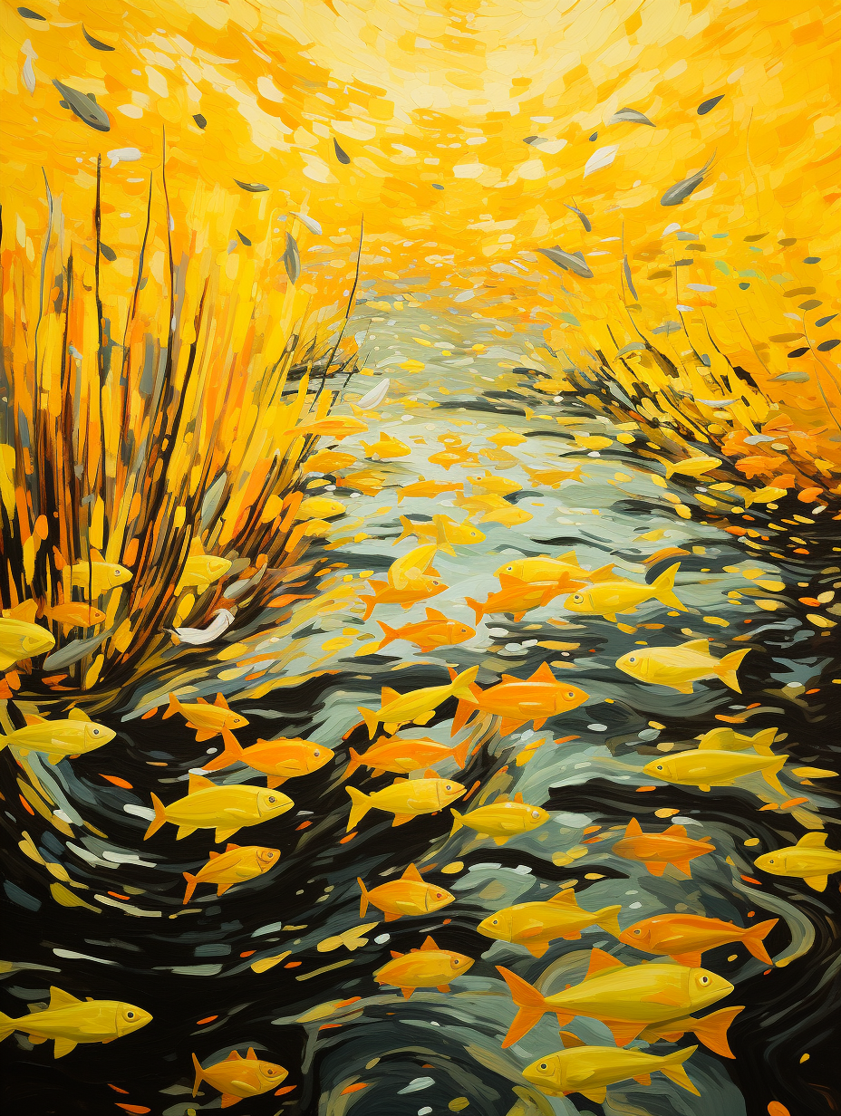 Vibrant spring river painting with colorful fishes