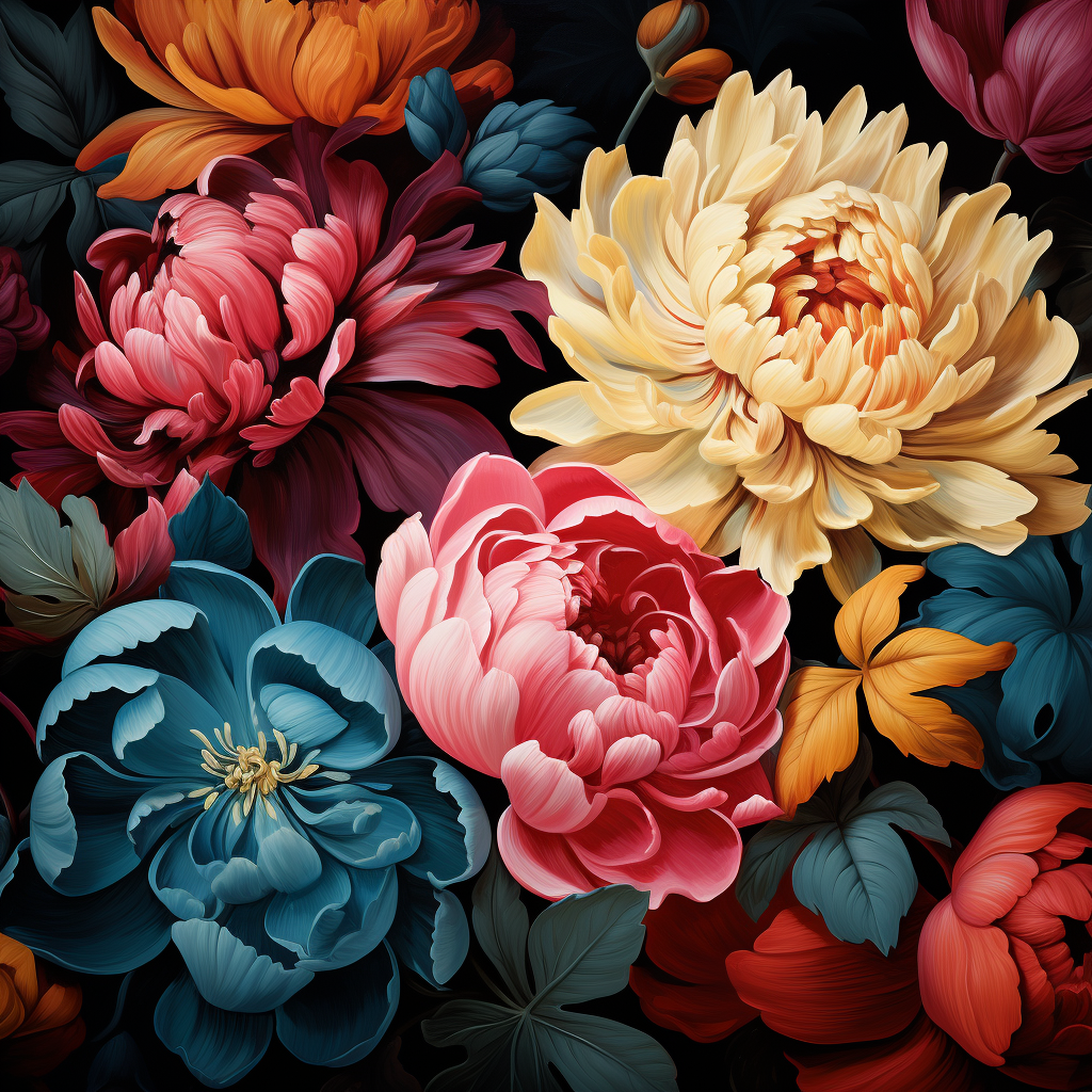 Bold colored flowers on dark background