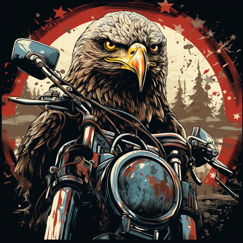 Black and white sticker of a bold eagle riding a motorcycle