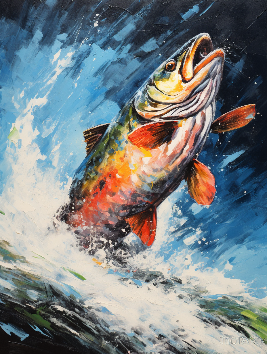 Fish jumping above river in bold acrylic painting