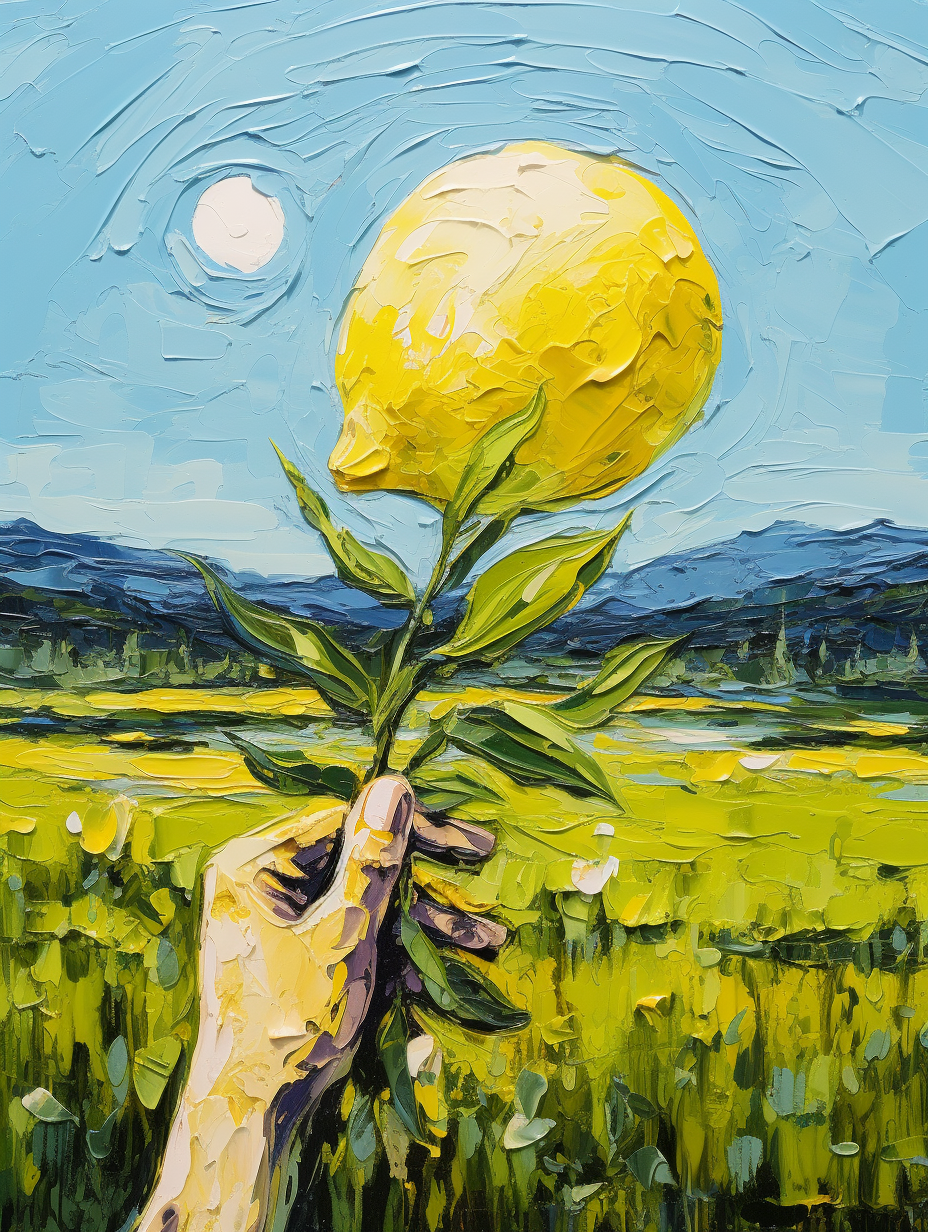 Colorful painting of a lemon in hand