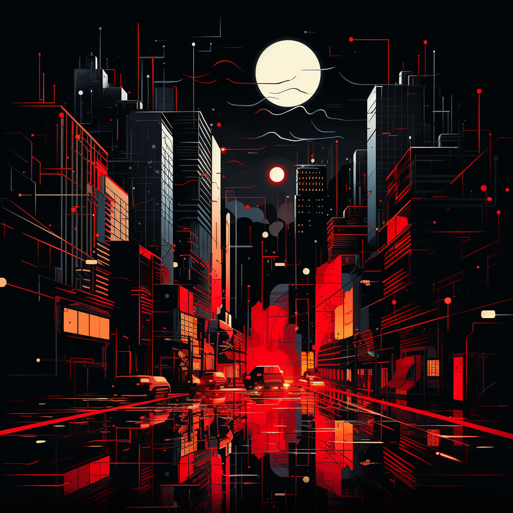 A breathtaking night cityscape illustration in bold lines