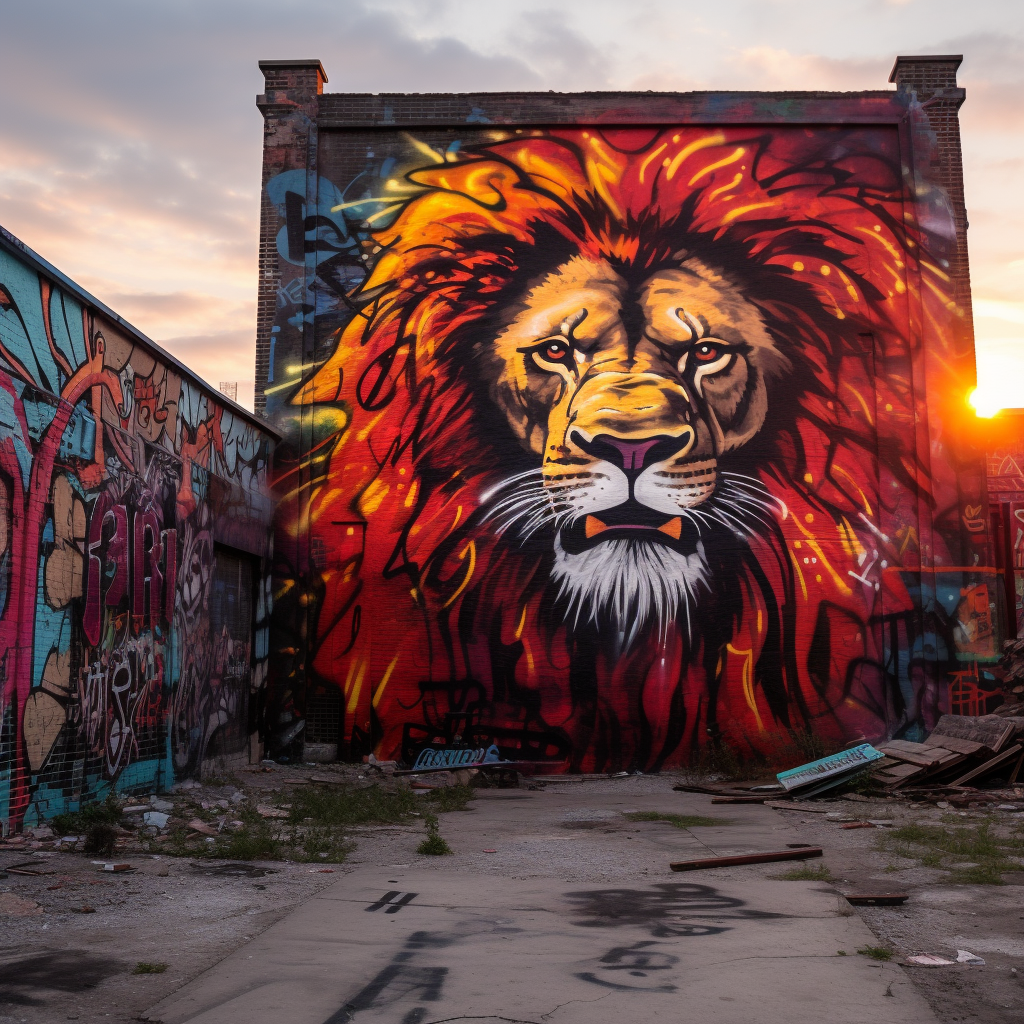 Lion graffiti in vibrant city scenery