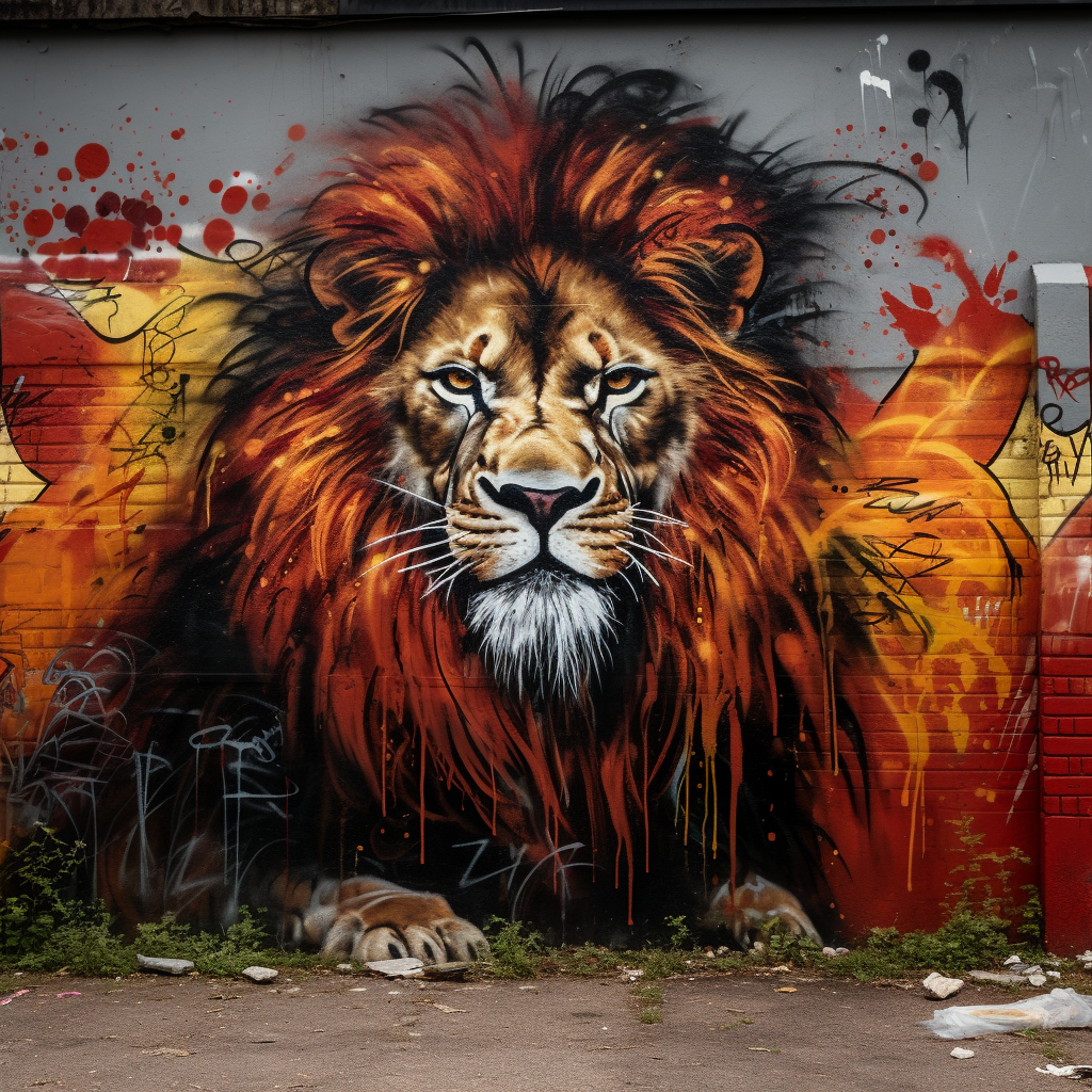 Detailed lion graffiti on city wall