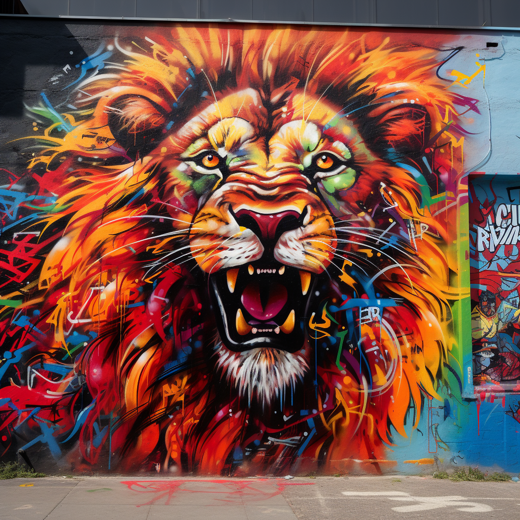 Colorful lion graffiti on city wall