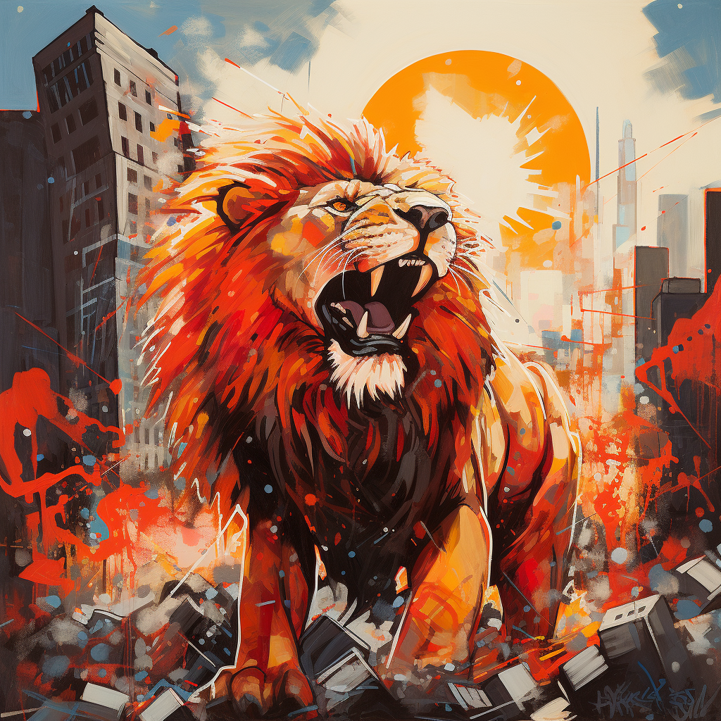 Bold lion graffiti in distant city