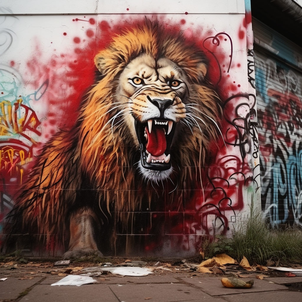 Detailed lion graffiti on city wall